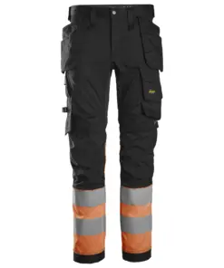 Snickers 6234 High-Vis Class 1 Stretch Trousers Holster Pockets in Black/High Visibility Orange