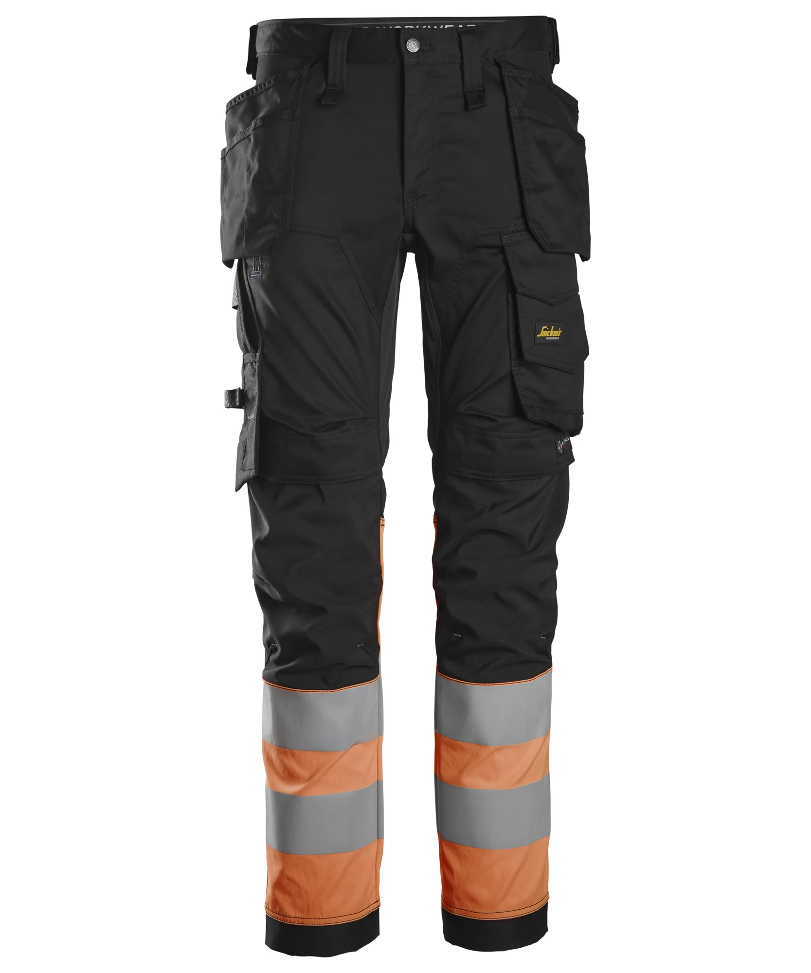 Snickers 6234 High-Vis Class 1 Stretch Trousers Holster Pockets in Black/High Visibility Orange