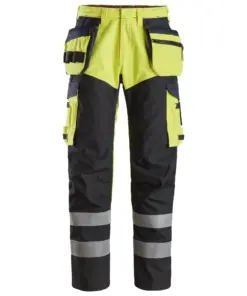 Snickers 6265 ProtecWork Trousers Reinforced Holster Pockets High-Vis Class 1 in High Visibility Yellow/Navy