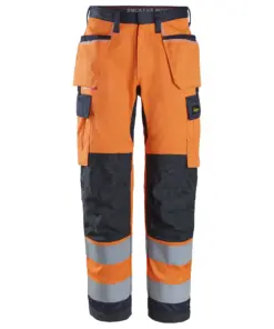 Snickers 6266 ProtecWork Work Trousers Holster Pockets High-Vis Class 2 in High Visibility Orange/Navy