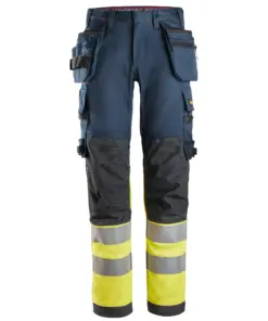 Snickers 6274 ProtecWork Stretch Work Trousers Holster Pockets High-Vis Class 1 in Navy/High Visibility Yellow