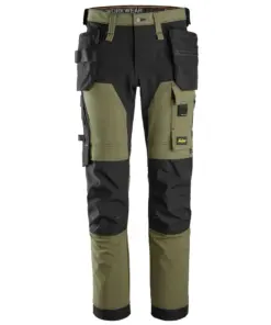 Snickers 6275 AllroundWork 4-way Stretch Trousers Holster Pockets in Khaki Green/Black