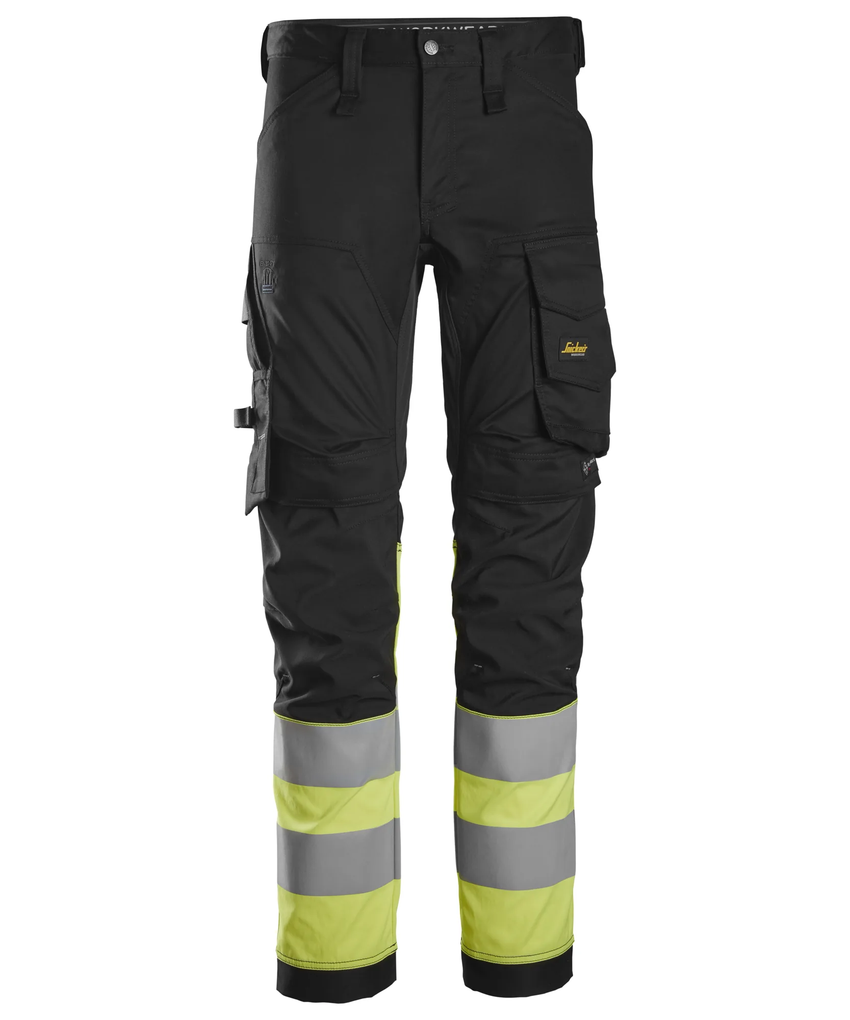 Snickers 6334 High-Vis Class 1 Stretch Trousers in Black/High Visibility Yellow