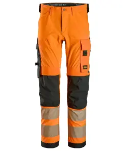Snickers 6336 High-Vis Class 2 4-way Stretch Trousers in High Visibility Orange/Black