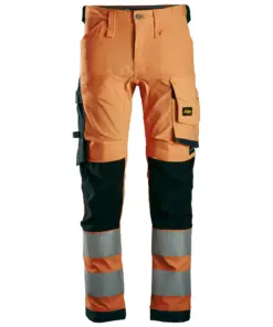 Snickers 6343 High-Vis Class 2 Stretch Trousers in High Visibility Orange/Black