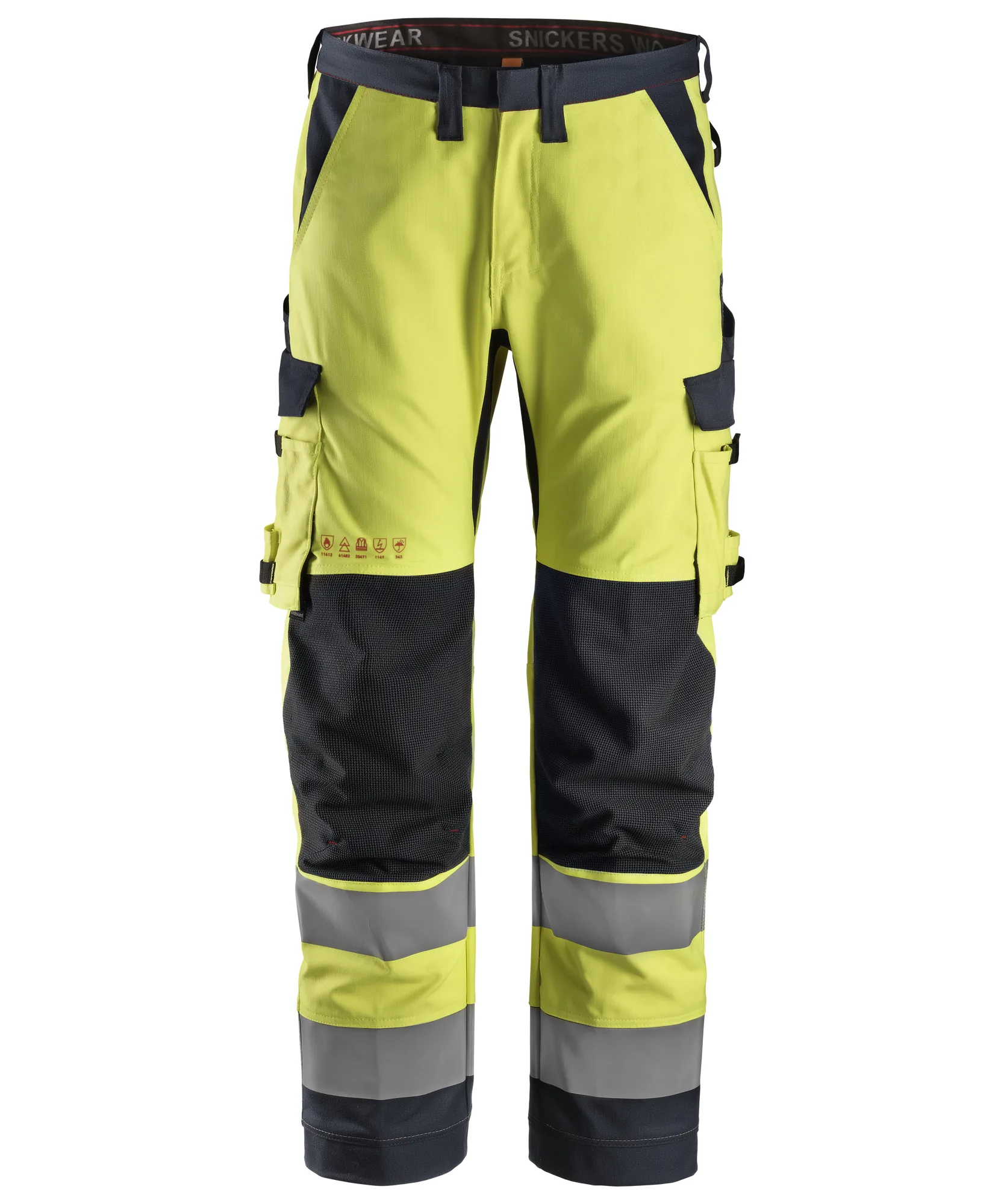 Snickers 6361 ProtecWork Work Trousers Equal Leg Pockets High-Vis Class 2 in High Visibility Yellow/Navy
