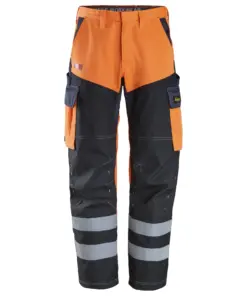 Snickers 6560 ProtecWork Trousers Reinforced High-Vis Class 1 in High Visibility Orange/Navy