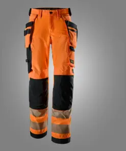 Snickers 6732 High-Vis Class 1/2 Stretch Women’s Trousers Detachable Holster Pockets in High Visibility Orange/Black