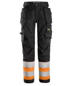 Snickers 6734 High-Vis Class 1 Women's Stretch Trouser Holster Pockets in Black/High Visibility Orange
