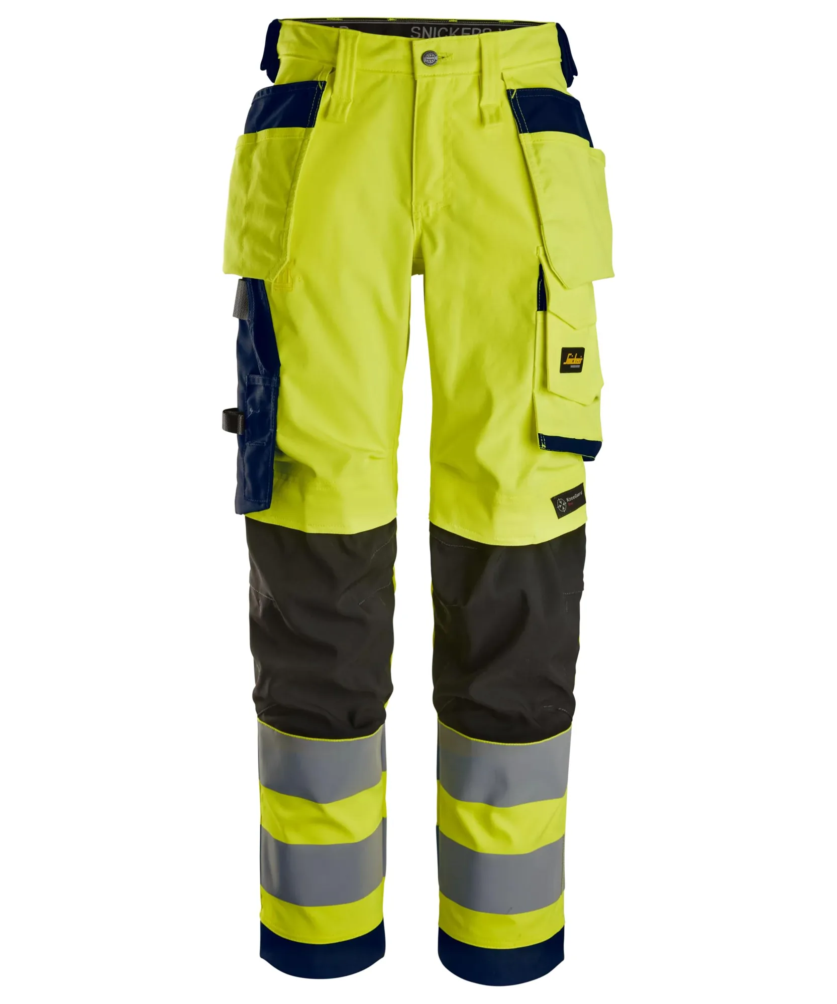 Snickers 6743 High-Vis Class 2 Women's Stretch Trousers Holster Pockets in High Visibility Yellow/Navy