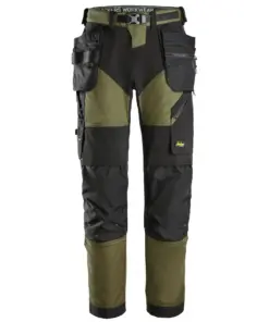 Snickers 6902 FlexiWork Work Trousers+ Holster Pockets in Khaki Green/Black