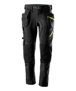 Snickers 6940 FlexiWork Softshell Stretch Trousers+ Holster Pockets in Black/Neon Yellow
