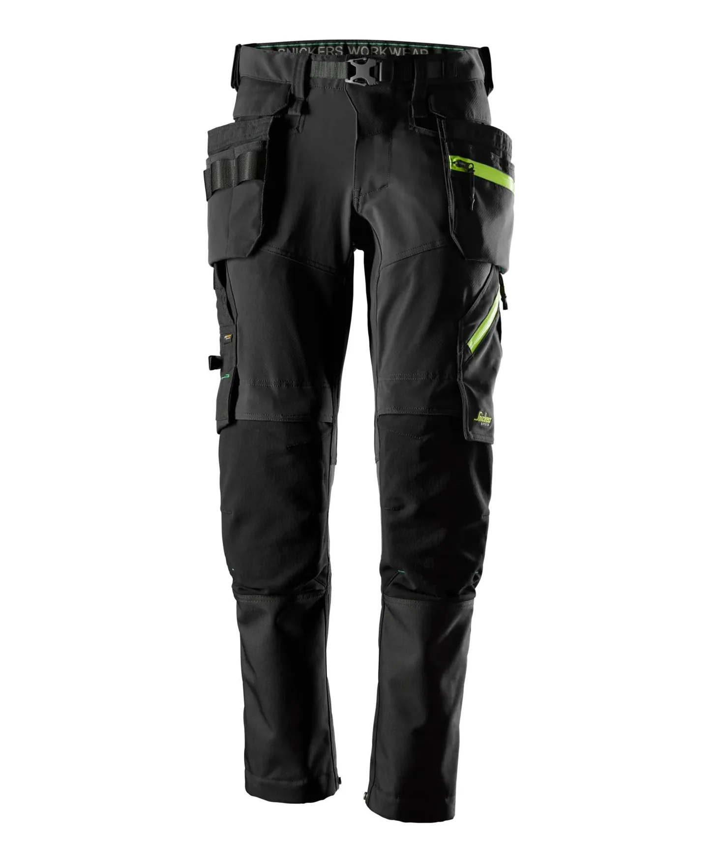 Snickers 6940 FlexiWork Softshell Stretch Trousers+ Holster Pockets in Black/Neon Yellow