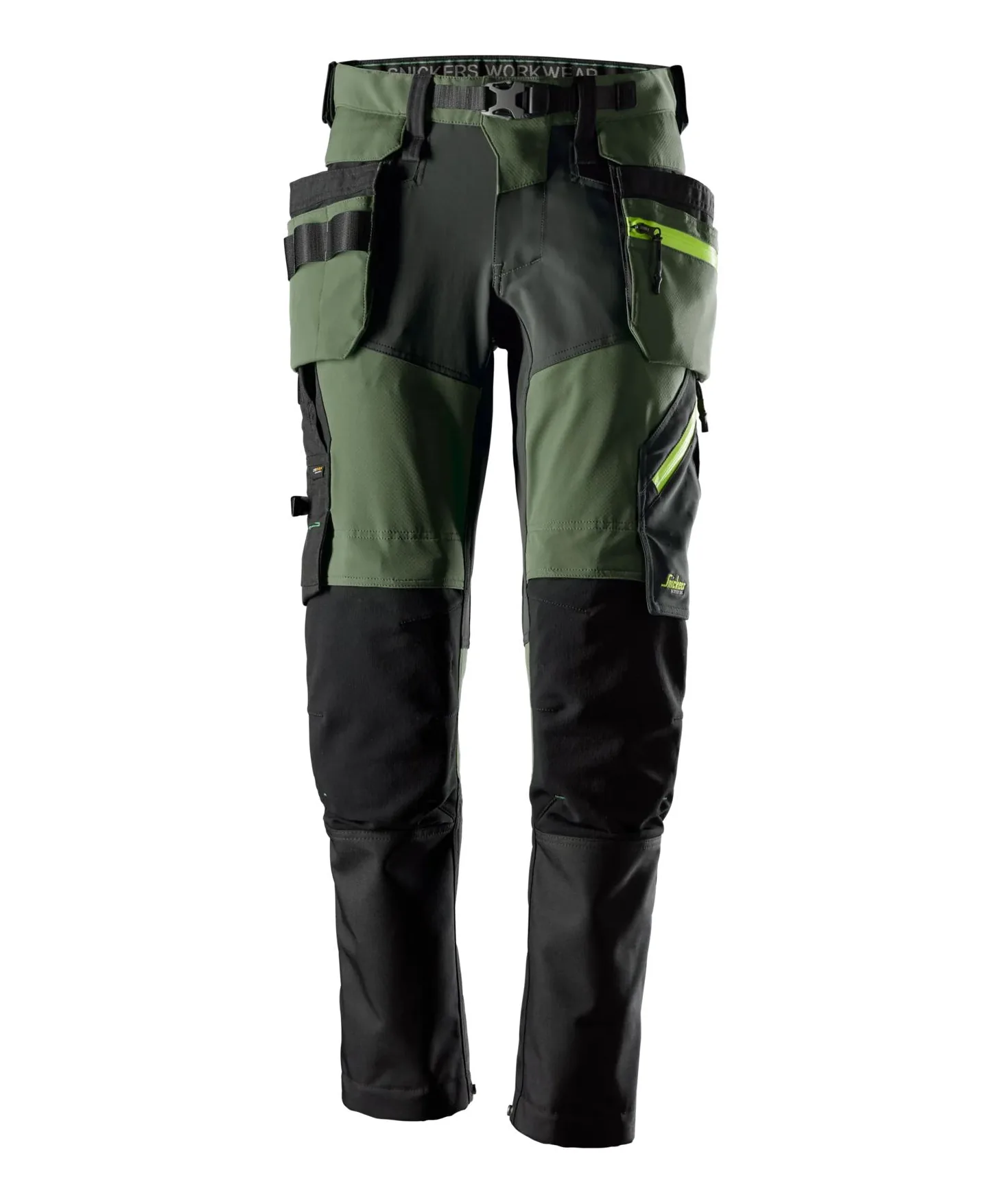 Snickers 6940 FlexiWork Softshell Stretch Trousers+ Holster Pockets in Khaki Green/Steel Grey
